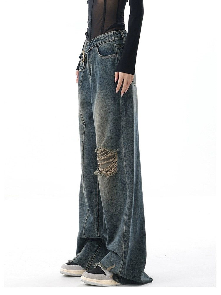 Vintage Washed Baggy Boyfriend Jeans with Buckle and Ribbed Details