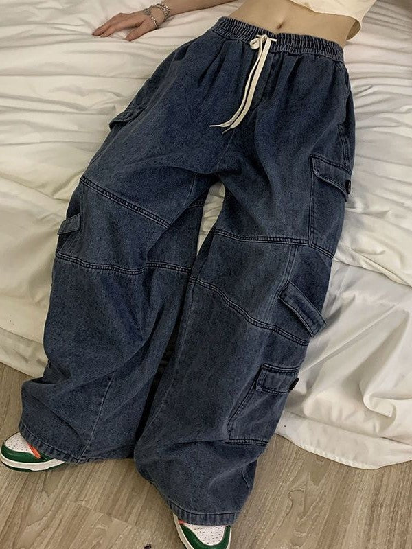 Jean Cargo Punk Baggy Bleu Effet Délavé