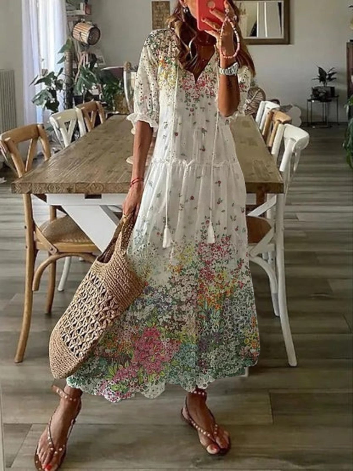 Women's Bohemian V-Neck Flowy Summer Dress | Maxi