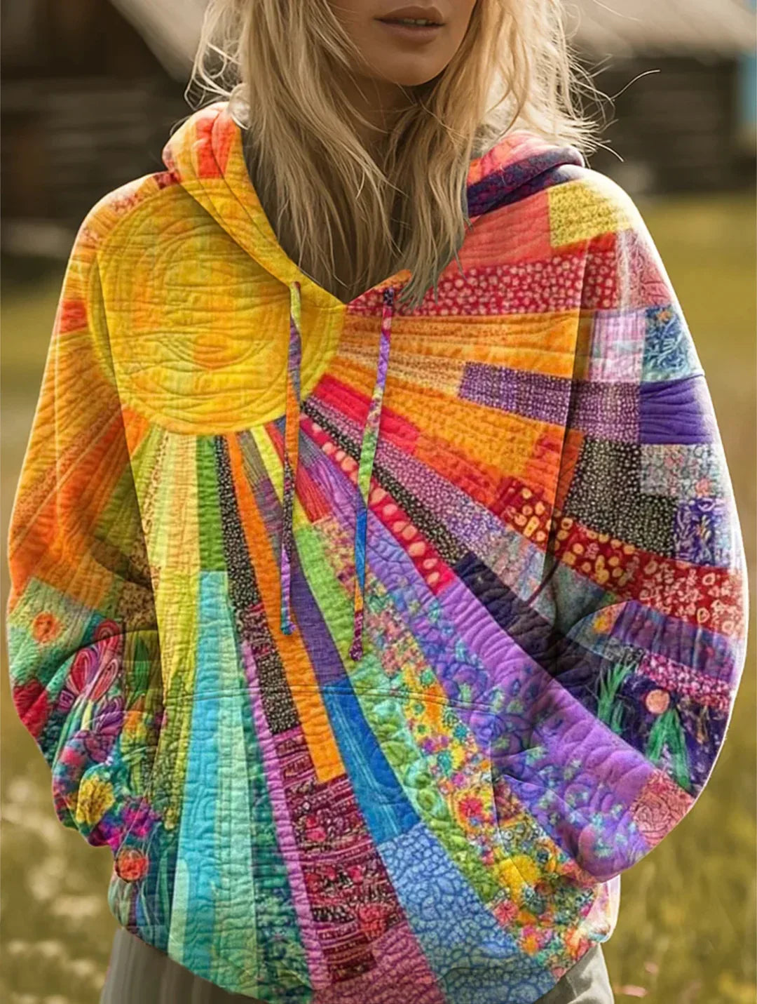 Women’s Colorful Patchwork Sunburst Hoodie | with Pockets