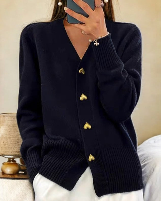 Women’s V-Neck Knitted Cardigan | with Heart Buttons