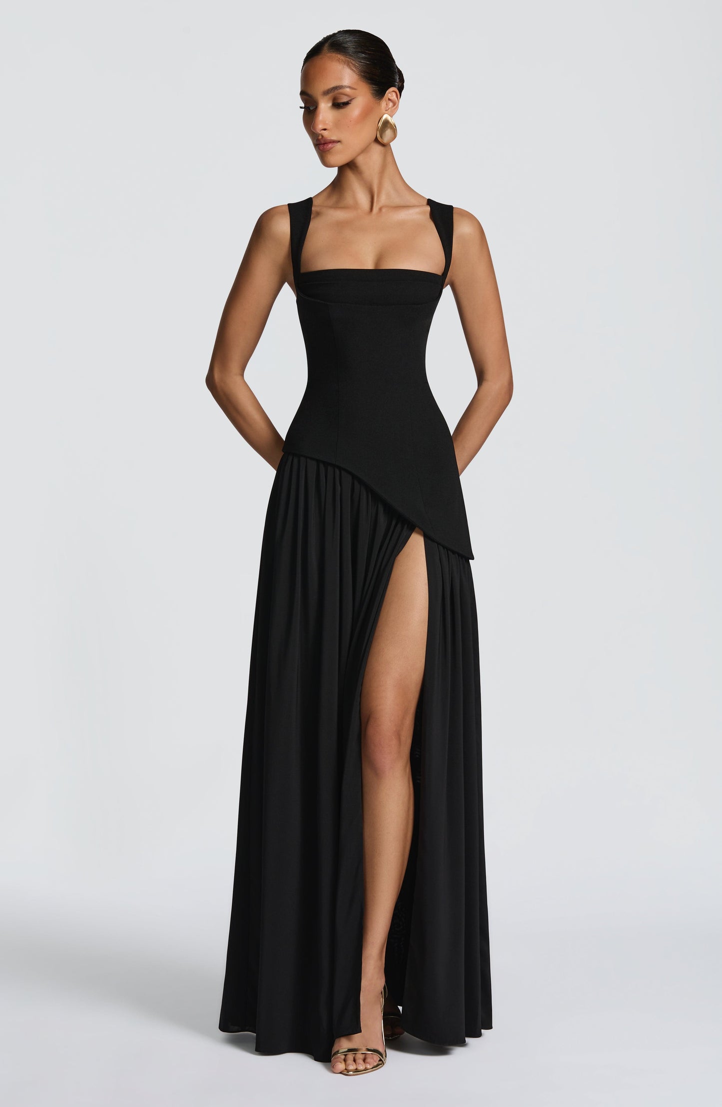 Women's Black Asymmetrical Maxi Dress | with Scarf Detail
