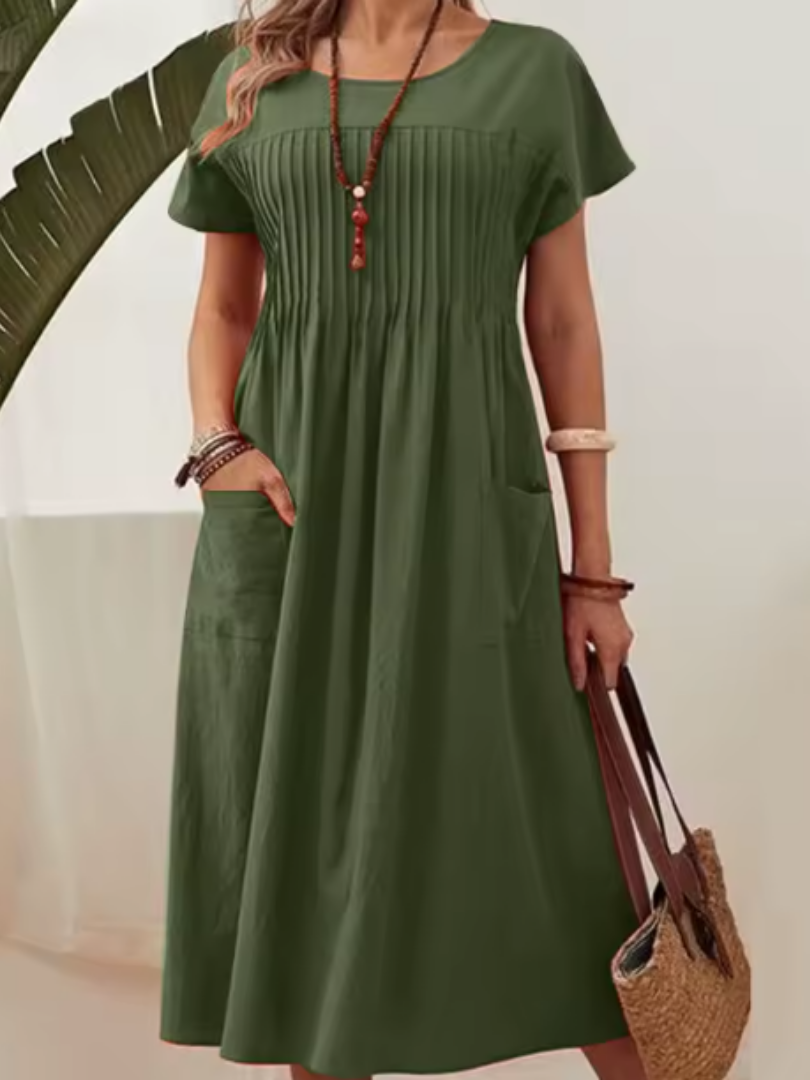 Women Casual Short Sleeve Midi Dress | with Pockets
