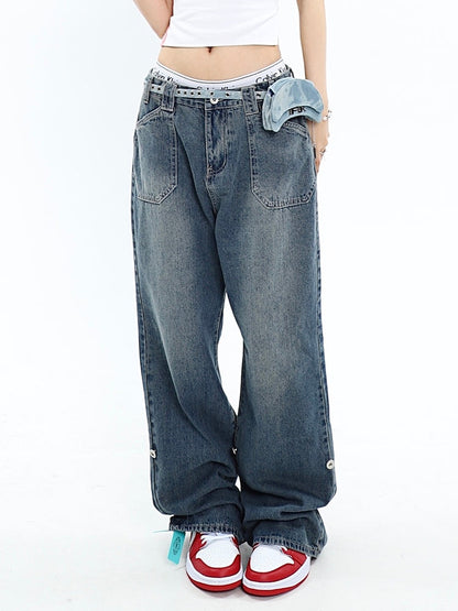 Washed Effect Denim Baggy Boyfriend Jeans