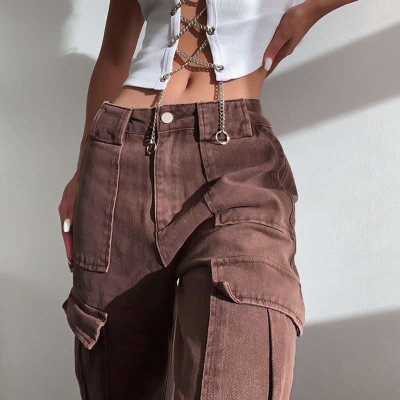 Brown Baggy Cargo Jeans with Patch Pockets