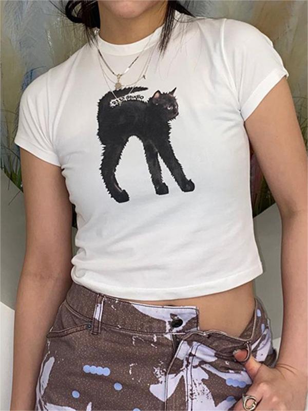 Crop top blanc à imprimé chat noir