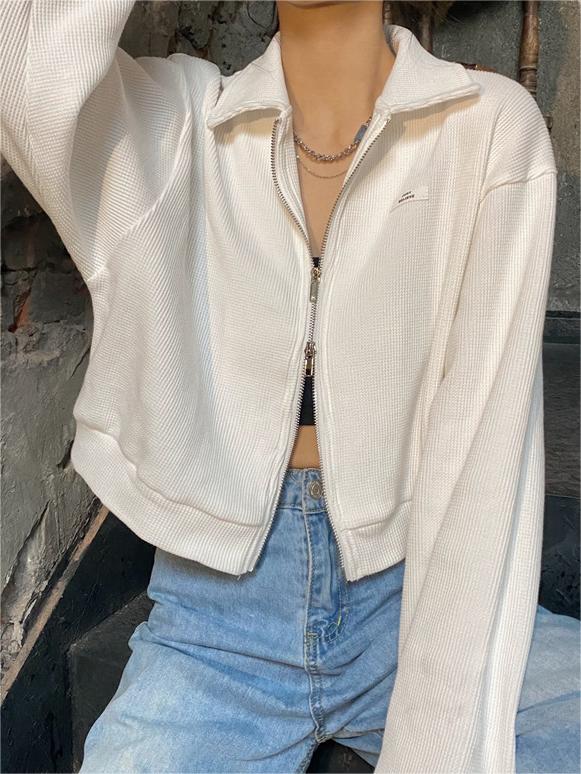 Zip-Up Crop Jacket in White and Grey