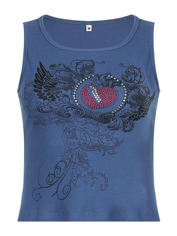 Ribbed Crop Tank Top with Heart Rhinestone Logo