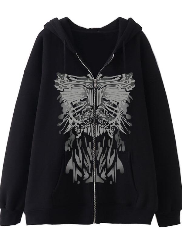 Black Zip-Up Hoodie with Printed Graphic