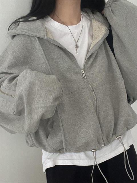 Grey Vintage Oversized Zip Up Hoodie with Drawstring