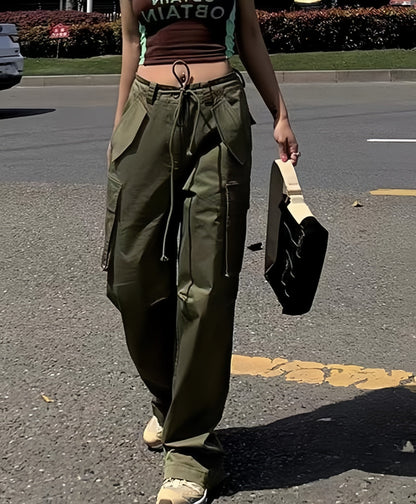 Hip Hop Cargo Pants with Multiple Pockets and Drawstring