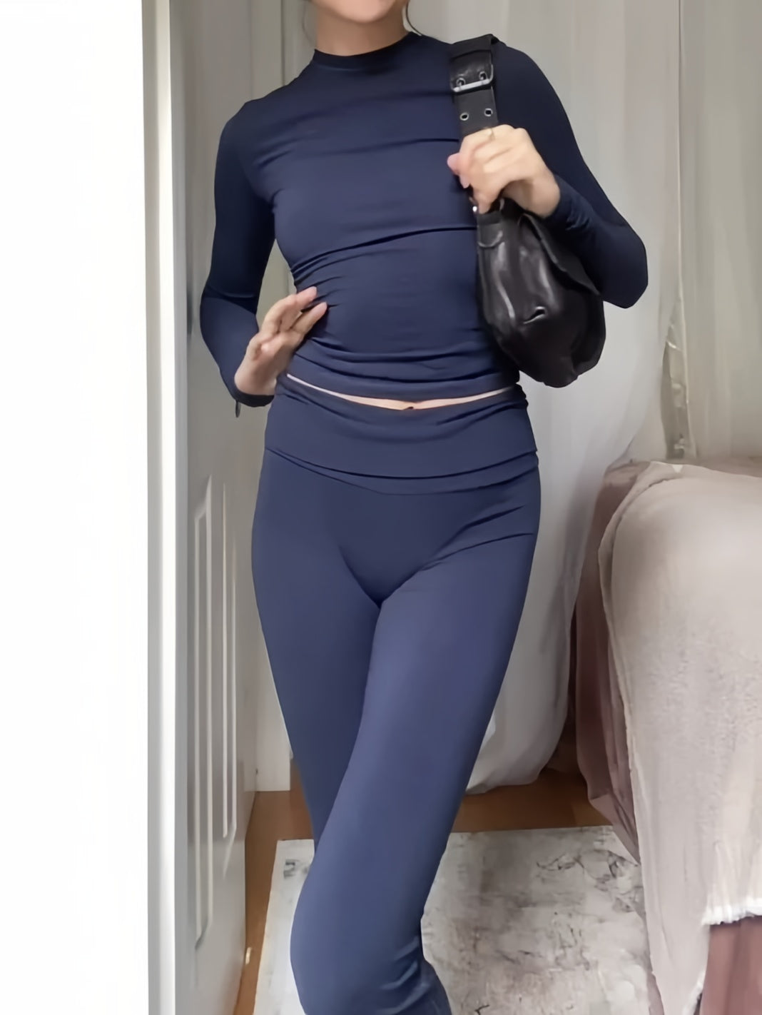 Classic Solid Color Long Sleeve Top and Flare Pants Set