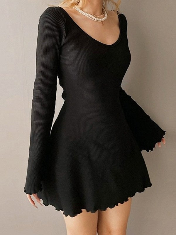 Black Knit Mini Dress with Long Sleeves – Razys.com