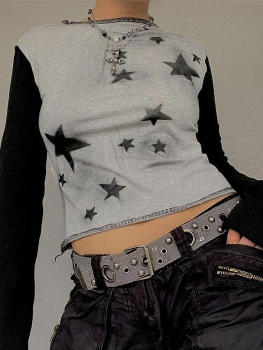 Vintage Star Long Sleeve Crop Top with Stitches Details