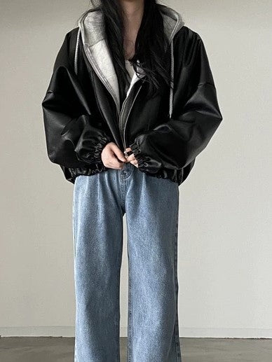 Veste en cuir végétalien avec cordon de serrage vintage noir avec col