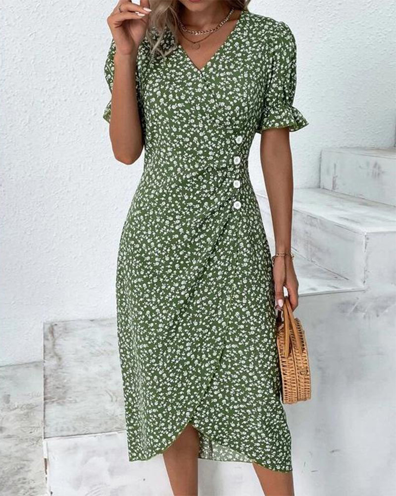 Women's Summer Floral Print Fitted Midi Dress | Short Sleeve