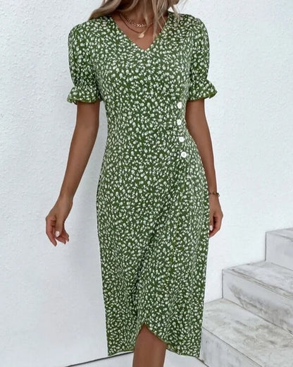 Women's Summer Floral Print Fitted Midi Dress | Short Sleeve