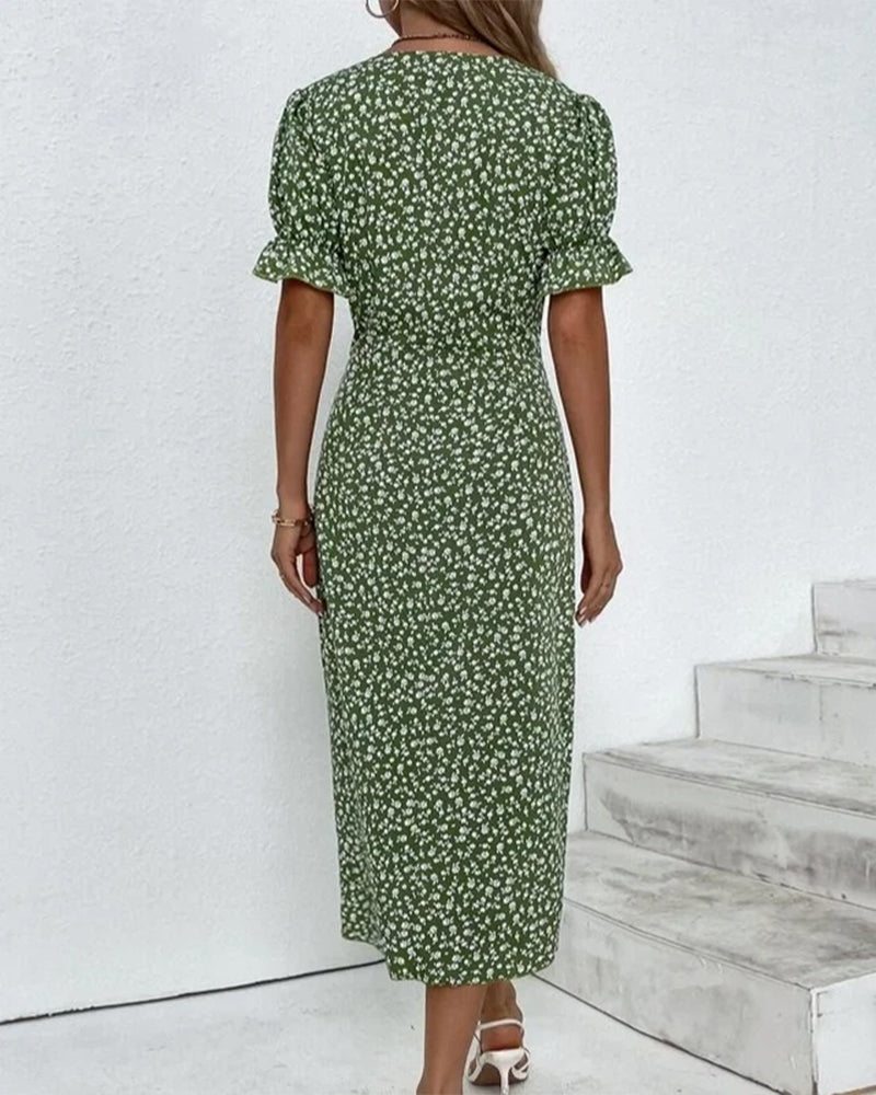 Women's Summer Floral Print Fitted Midi Dress | Short Sleeve