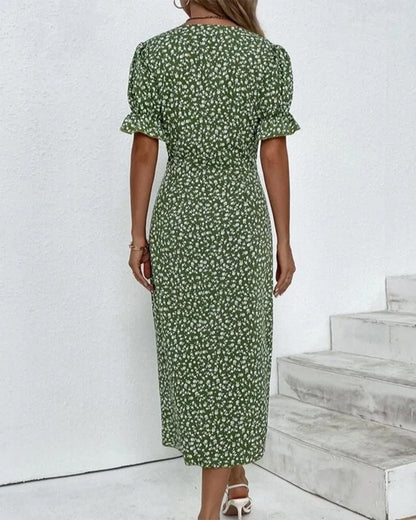 Women's Summer Floral Print Fitted Midi Dress | Short Sleeve