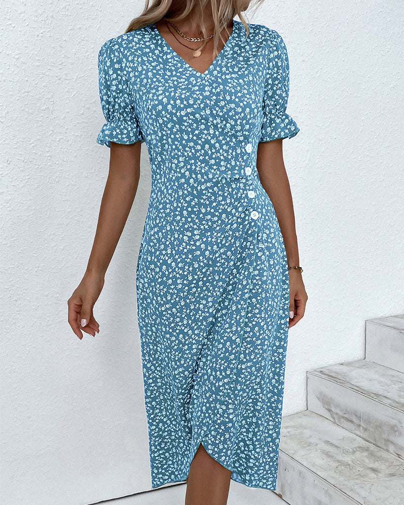 Women's Summer Floral Print Fitted Midi Dress | Short Sleeve