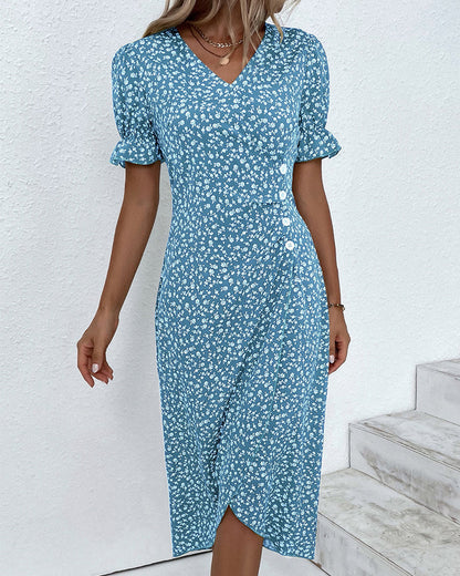Women's Summer Floral Print Fitted Midi Dress | Short Sleeve