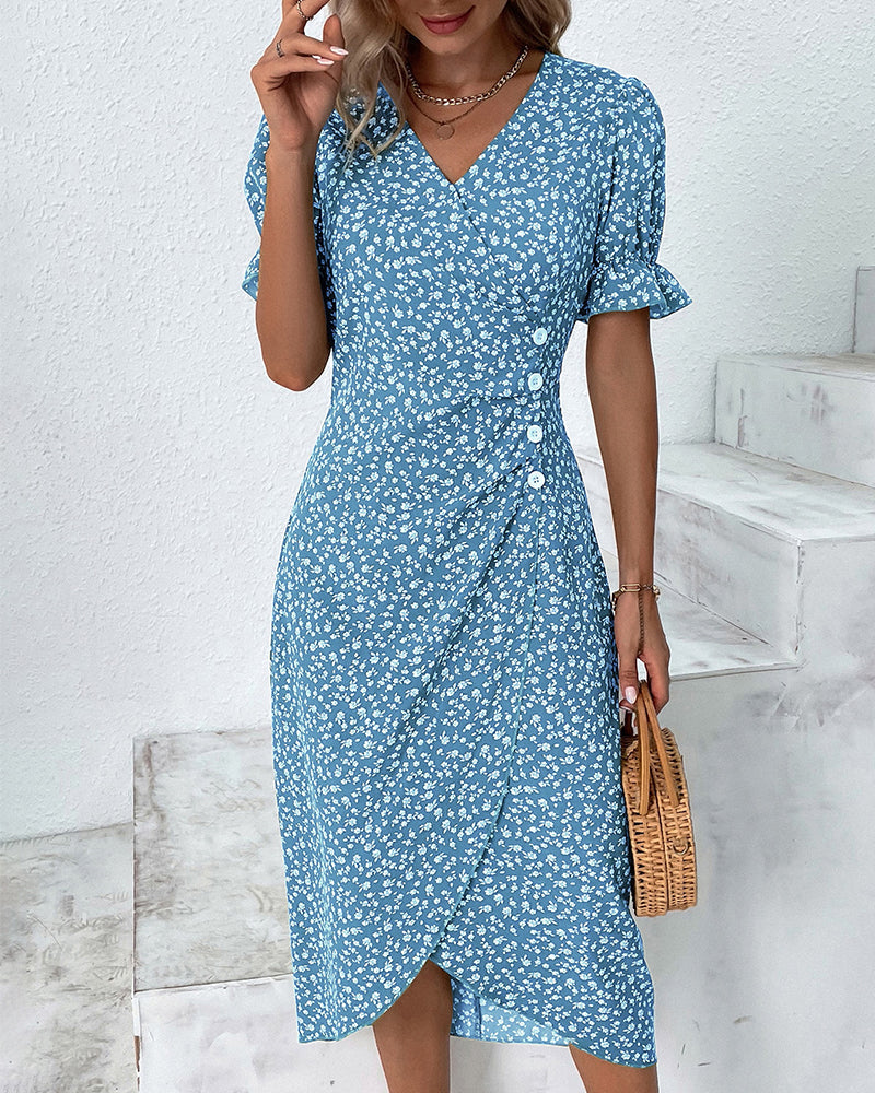 Women's Summer Floral Print Fitted Midi Dress | Short Sleeve
