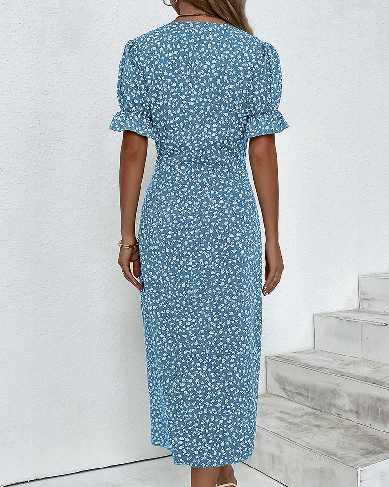 Women's Summer Floral Print Fitted Midi Dress | Short Sleeve