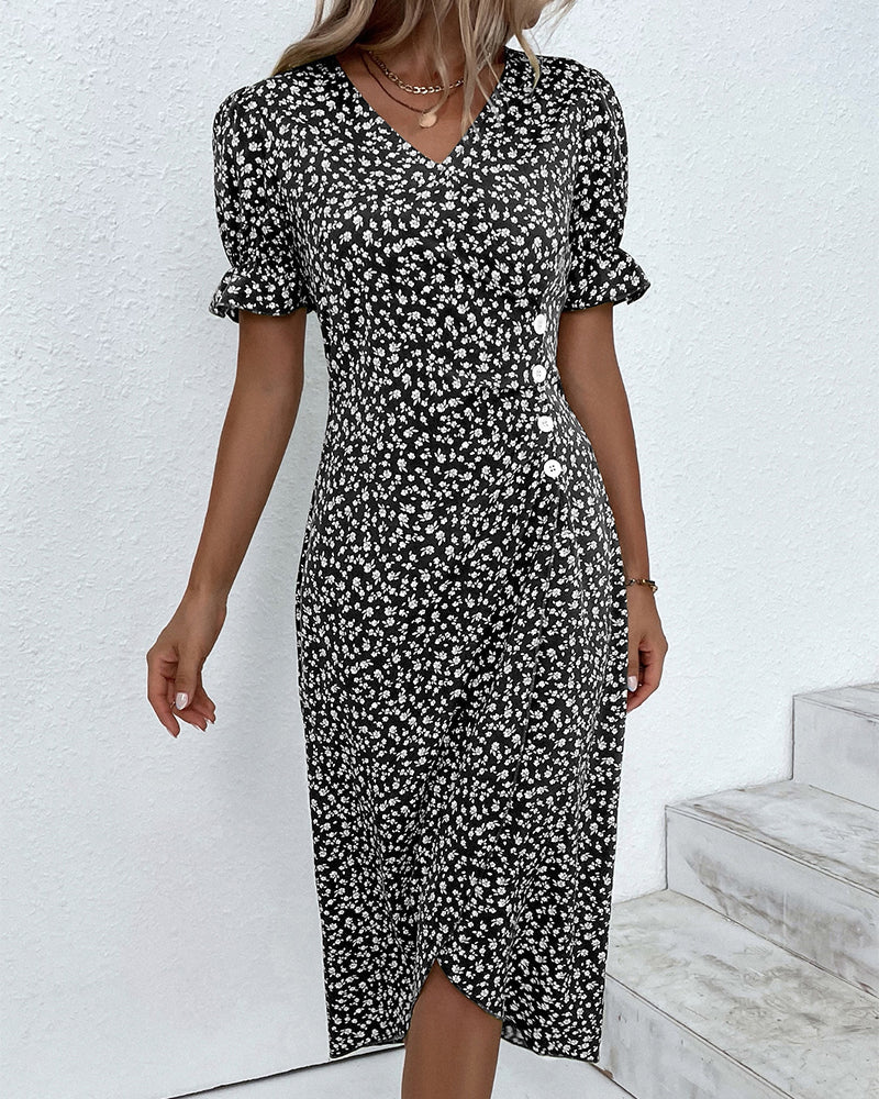 Women's Summer Floral Print Fitted Midi Dress | Short Sleeve