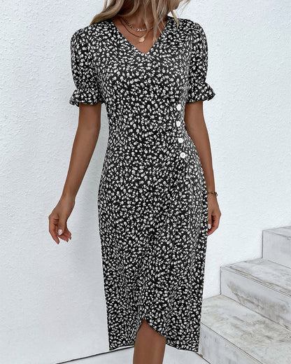 Women's Summer Floral Print Fitted Midi Dress | Short Sleeve