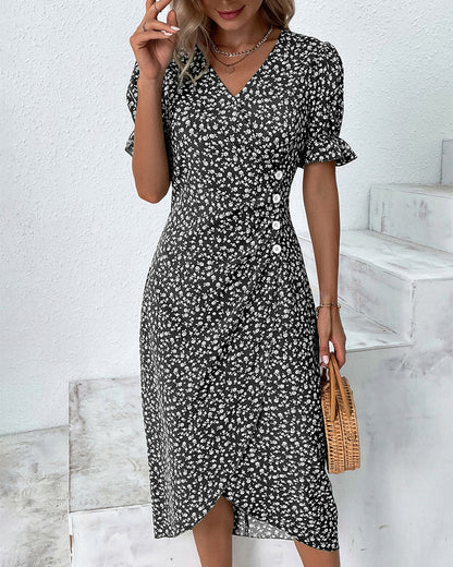 Women's Summer Floral Print Fitted Midi Dress | Short Sleeve