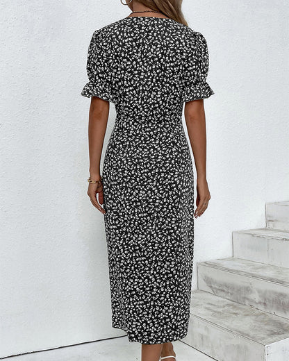 Women's Summer Floral Print Fitted Midi Dress | Short Sleeve