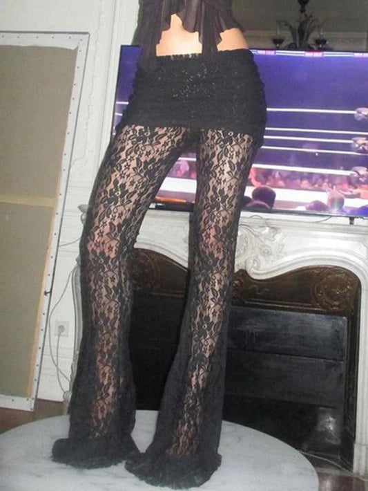 Black High Rise Flare Leg Pants with Lace Splice