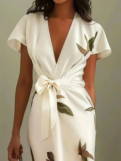 Women's Floral Midi Wrap Dress | with Flutter Sleeves and Tie Waist