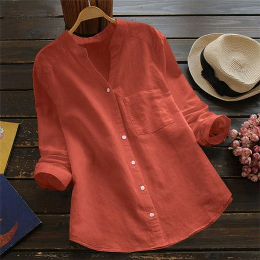 Women's Summer Button-Up Linen Blouse | with Chest Pocket
