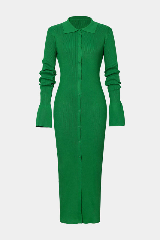 Effen kleur shell mouw geribbelde knopen maxi jurk