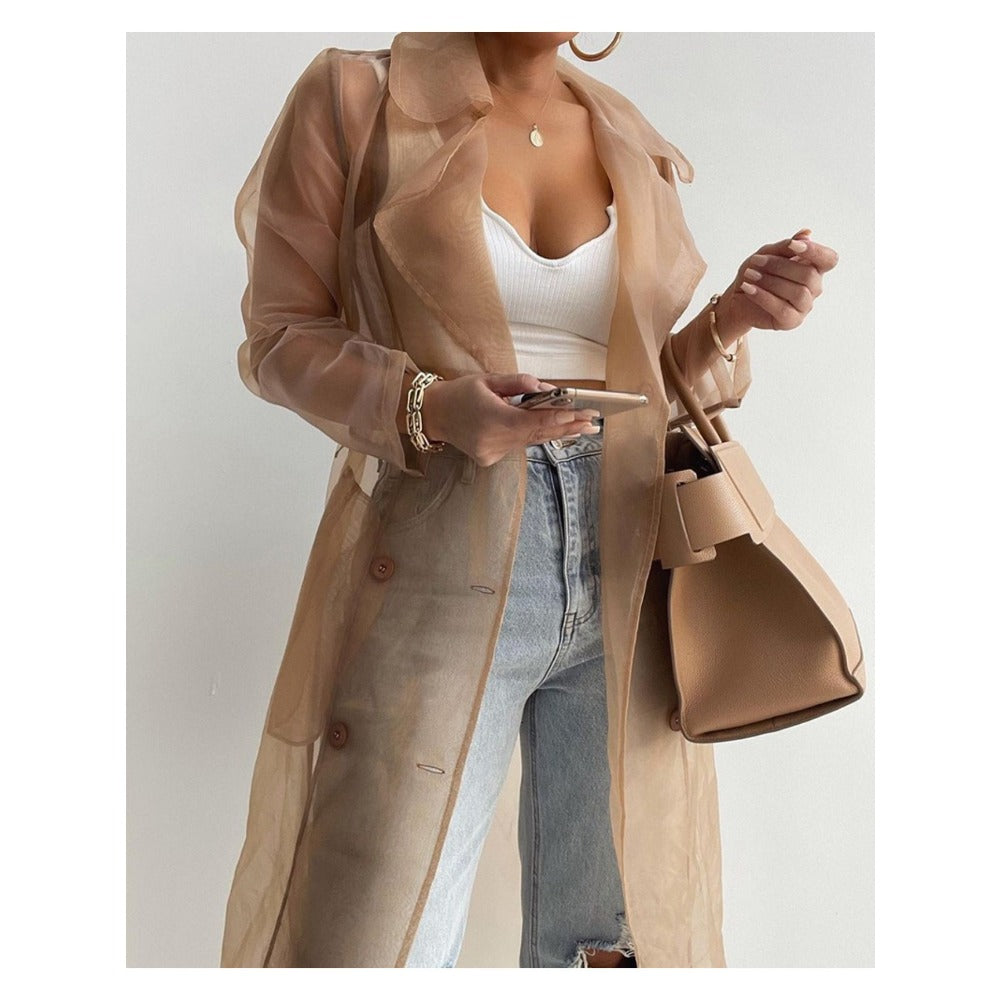 Sheer Long Sleeve Trench Coat with Belt for Women - Diana
