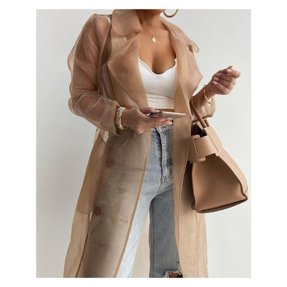 Sheer Long Sleeve Trench Coat with Belt for Women - Diana