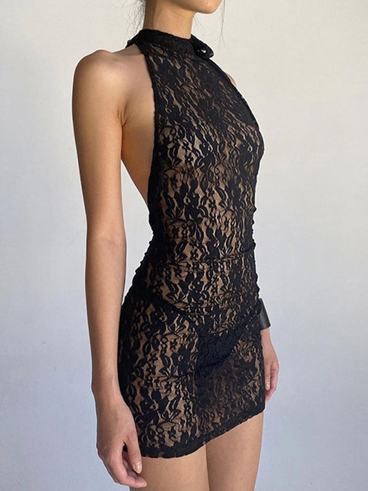 Zwarte vintage kanten halter mini-jurk zonder rug en strik op de rug