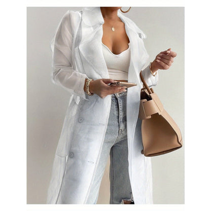 Sheer Long Sleeve Trench Coat with Belt for Women - Diana
