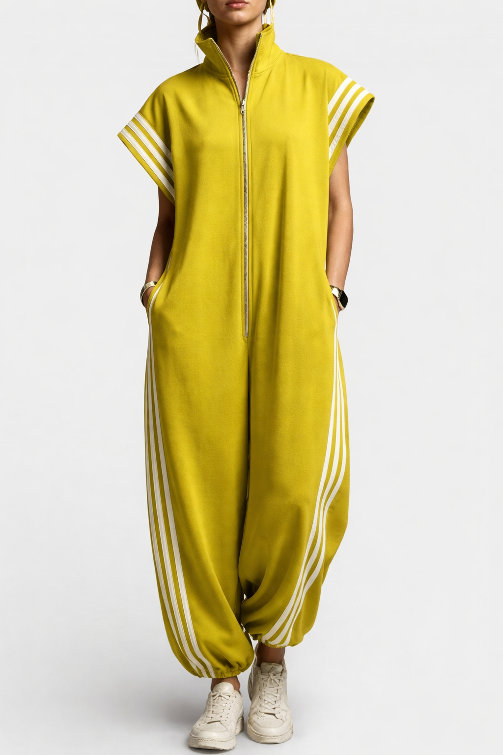 Women's Loose Casual Zip-Front Sporty Jumpsuit | with Contrast Side Stripes