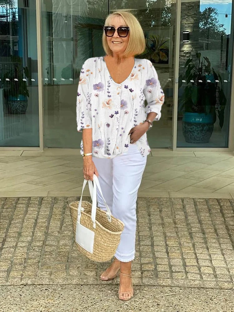 Women's Floral Print Button-Up Blouse | V-Neck