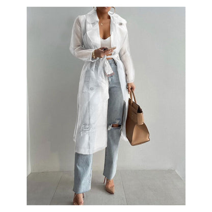 Sheer Long Sleeve Trench Coat with Belt for Women - Diana