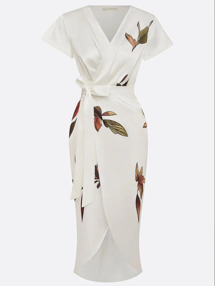 Women's Floral Midi Wrap Dress | with Flutter Sleeves and Tie Waist