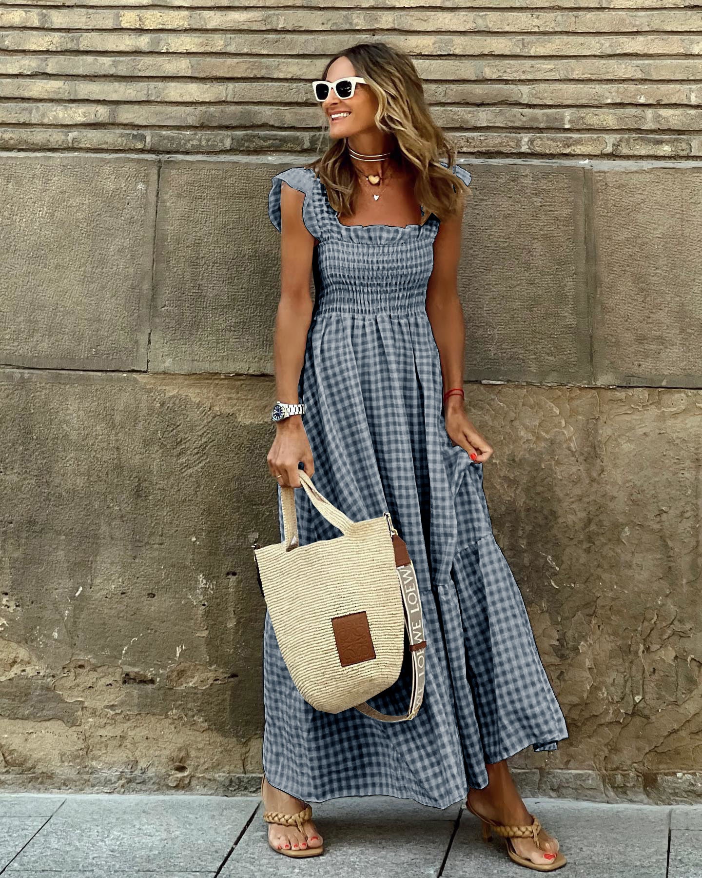 Women’s Summer A-Line Plaid Long Dress | with Ruffle Straps
