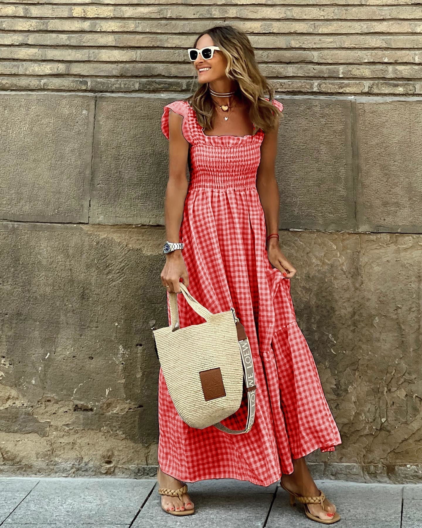 Women’s Summer A-Line Plaid Long Dress | with Ruffle Straps