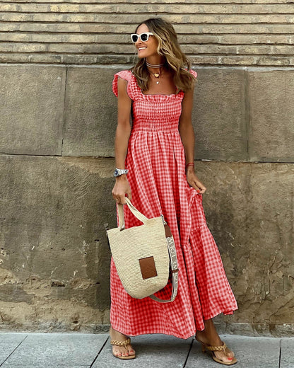 Women’s Summer A-Line Plaid Long Dress | with Ruffle Straps