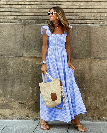 Women’s Summer A-Line Plaid Long Dress | with Ruffle Straps