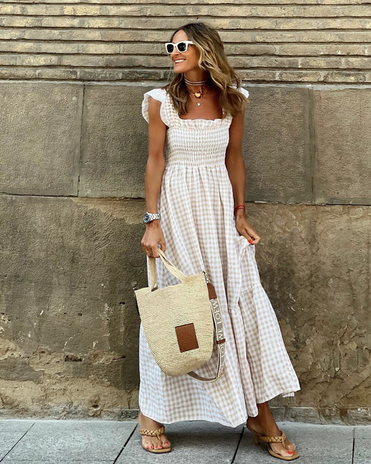 Women’s Summer A-Line Plaid Long Dress | with Ruffle Straps