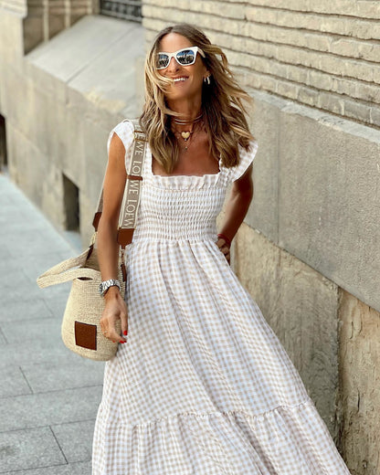 Women’s Summer A-Line Plaid Long Dress | with Ruffle Straps