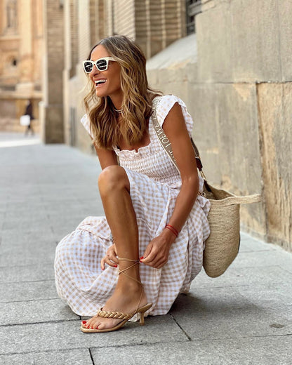 Women’s Summer A-Line Plaid Long Dress | with Ruffle Straps